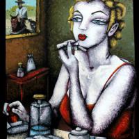 MARILYN PEINT SA BOUCHE, acryl/toile 50x62cm