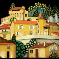 Vue d'AUBETERRE sur dronne, acryl/médium 37x34cm