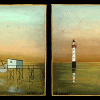 COUPLE sur fond marin, 2 acryl/médium 18x15cm